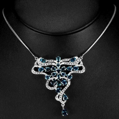 COLLAR GENUINO AAA LONDRES TOPACIO AZUL Y CIRCONITA CÚBICA BLANCA PLATA ESTERLINA 925 19,75" Foto 1 de 4