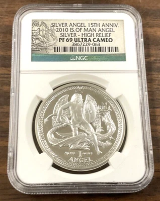 Moneda del 15 aniversario de la Isla de Man 2010 1 oz Silver Angel NGC PF69 Ultra Cameo Foto 1 de 4