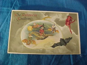 1914 HALLOWEEN John WINSCH POSTCARD -WITCH RIDING OWL w BAT + DEVIL - Picture 1 of 3