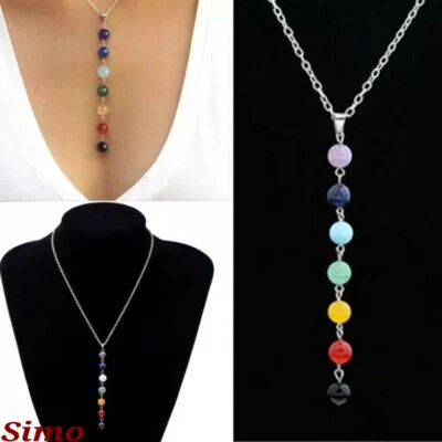COLLANA DONNA LUNGA ARGENTO BOHEMIA 7 CHAKRA YOGA PIETRA MALA ROSARIO SCONTI - Immagine 1 di 3