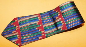 CHAPS RALPH LAUREN MADE IN U.S.A. BLUE/RED/GREEN PENCILS MOTIF TIE - NECK TIES. - Picture 1 of 4