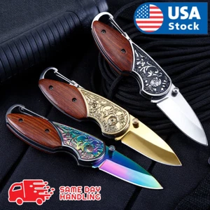5.3" WOOD HANDLE Folding Blade Pocket Knife Rainbow Blade Stainless Steel - Picture 1 of 12