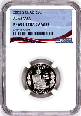 2003-S Proof State Quarter, Alabama,  PF69 Ultra Cameo NGC, Patriotic Label - Image 1 of 4