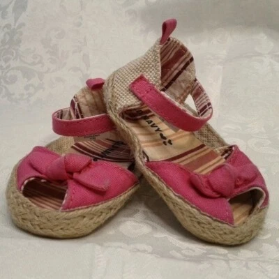 Old Navy Peep Toe Soft Sole Espadrilles Sz3 Baby SoftBack HotPink Bows Jute Sole - Image 1 of 4