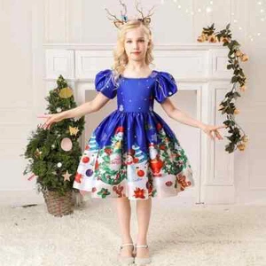 Girls Kid New Year Party Santa Claus Snowman Print Costume Xmas Princes Dress g9 - Picture 1 of 5