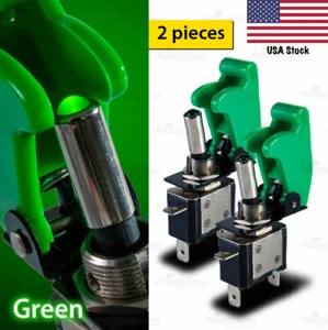 2x 12V 20A SPST Toggle Switch ON/OFF GREEN LED SOLID Color Aircraft Spring Cover - Picture 1 of 7