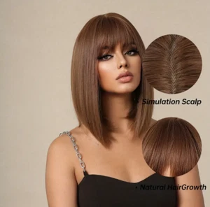 Peruka damska włosy brązowe proste dłuższy bob - Zdjęcie 1 z 4