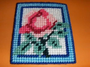 NEW completed plastic canvas mug mat rose - Picture 1 of 1