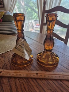 2 Robert Stanley Signature Collection 6.5"×3" Amber Glass Taper Candlesticks NWT - Picture 1 of 24