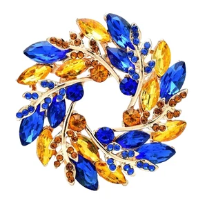 Goldfarbene Strass Kranz Brosche Anstecknadel blau gelb Kristall rund Statement Schmuck - Bild 1 von 2