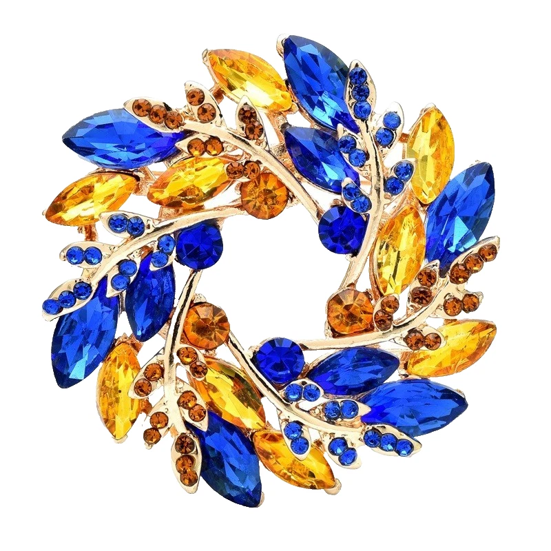 Gold Tone Rhinestone Wreath Brooch Pin Blue Yellow Crystal Round Statement Jewel - Image 1 of 2