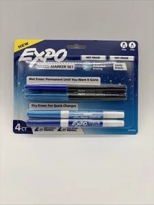 Expo 4ct Fine Mixed 2 Dry / 2 Wet Erase Marker Assorted Blue, NEW - Picture 1 of 9