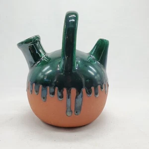Französische Ton Terrakotta grün Tropf glasiert Gargoulette Keramik 10 x 7 Schnaps Krug... - Bild 1 von 8