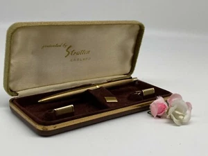 Vintage Gold Metal Stratton Pen Cufflinks & Tie Pin Set Boxed - Picture 1 of 11