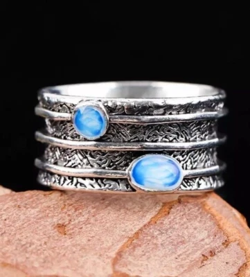 Anillo Boho Azul Turquesa Estilo Retro Piedra Natural Largo Plateado Stock del Reino Unido Foto 1 de 3