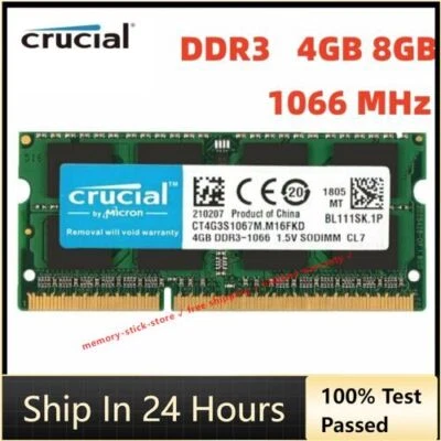 CRUCIAL DDR3 4GB 8GB 1066 MHz PC3-8500 Laptop SODIMM 204-Pin Memory RAM 8G 4G - Image 1 of 4