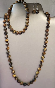 Tiger's Eye Knotted Necklace, Earrings and Bracelet Set in Sterling 19.5-21 In. - Picture 1 of 6