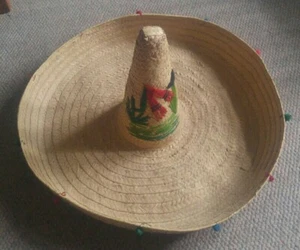 Large Vintage Sombrero Adult Straw Mexican Hat Woven Yarn Design  - Picture 1 of 6