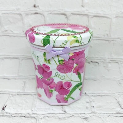 Decoupage Glass Jar / Pink Sweetpeas Glass Jar / Hand Decorated Jar - Image 1 of 4