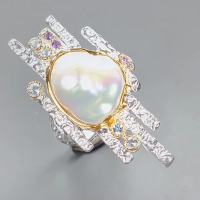 Handmade Natural Baroque Pearl Ring 925 Sterling Silver Size 8 /R437772 - Image 1 of 4