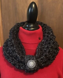 Hand Made Crochet Bulky Cowl Scarf ~ Detachable Silver Button ~ Black Sparkle - Picture 1 of 7