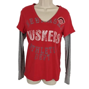 Nebraska Huskers T Shirt Graphic Women Size Small Red w/Gray Long Sleeve V-neck - Picture 1 of 12