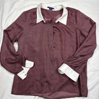 Blusa W by Worth Seda Estampado Geométrico Cuello Blanco Dorado Botón Detalles Talla 14 Foto 1 de 4