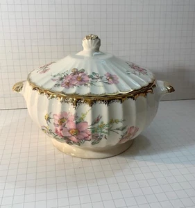 American Limoges Covered Dish Wild Rose 22K Gold Trim Vegetable Tureen 1930s VTG - Picture 1 of 11