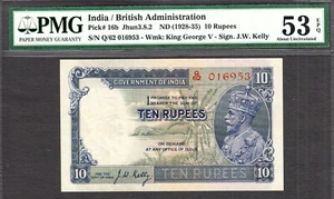 British India 10 Rupees KGV (1928-35) J.W Kelly Pick-16b About UNC PMG 53 EPQ - Picture 1 of 2