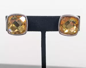 Yellow Faceted Square Cabochon Silver Tone Clip On Earrings Glam Evening - Picture 1 of 11
