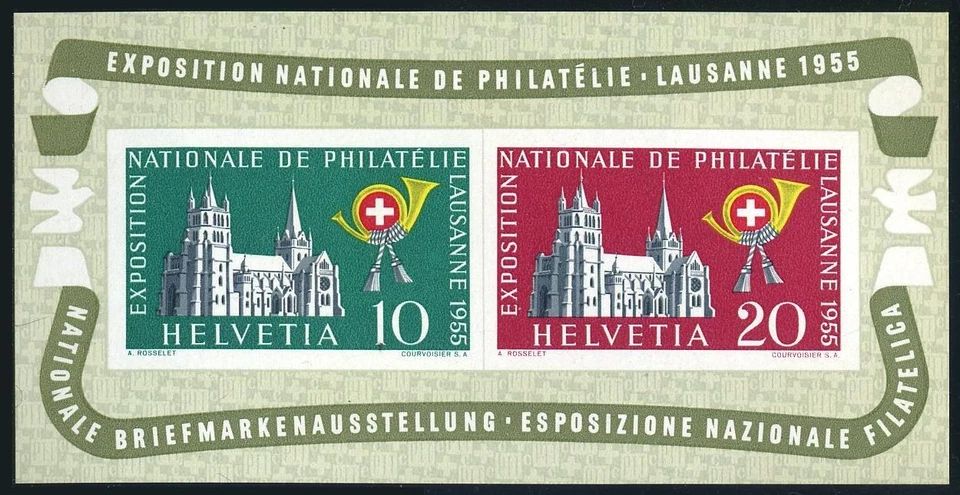 Switzerland 352a, MNH. Michel Bl.15. Lausanne-55, 1955. Cathedral. Post horn. - Image 1 of 1