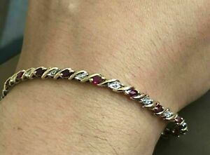 Women's Tennis Bracelet Marquise Simulated Ruby & Diamond 18K Yellow Gold Plated