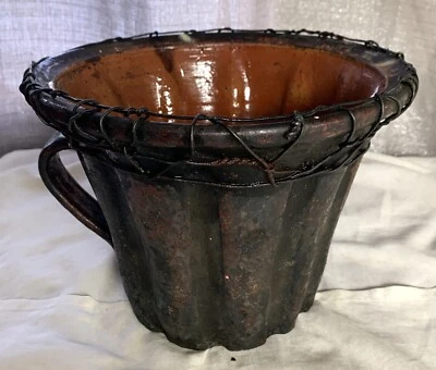 ANTIQUE REDWARE PENSYLVANIA GERMAN CAKE BUNDT  FORM  W/ HANDLE SALT GLAZED 1800’ - Image 1 of 4