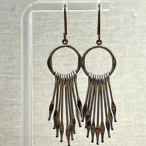 Silver Tone Drop Dangle Hook Back Earrings Loop Ring with Solid Cascading Tassel - Picture 1 of 4