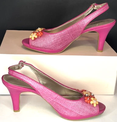 Zapatos de salón Karen Scott talla 7,5 peeptoe flor estrás rafia rosa marca Foto 1 de 4