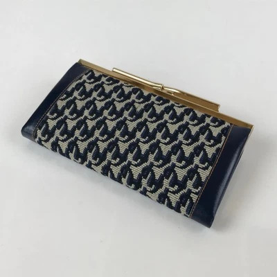 Cartera sin asas japonesa de tela tejida plisada de colección cierre Gamaguchi azul beige KB84 Foto 1 de 4