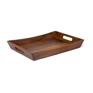 Lipper Serving Tray Acacia Wood Curved Design Dark Brown Cutout Handle 19.8"x14" - Picture 1 of 4