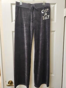 Juicy Couture Pants Mid Rise Silver Print Gray Velour Wide Leg Women's Sz M - Picture 1 of 8