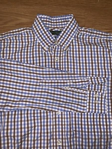 House Of Carrington Legend Mens Button Up LS Shirt Medium Brown Blue Plaid Italy - Picture 1 of 8