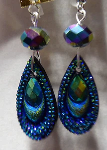 UNIQUE Tear Drop SHAPED Peacock Color EARRINGS Bead BLING Handcrafted Nora Winn - Picture 1 of 12