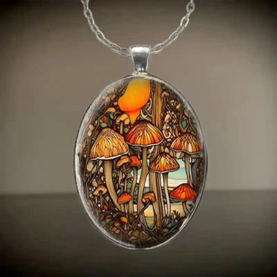 Mushroom Oval Jewelry Vintage Silvery Gothic Strength Pendant Necklace B - Image 1 of 4