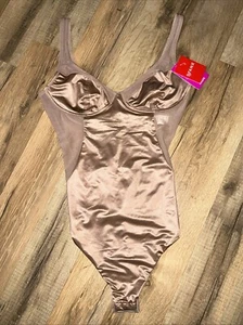 Spanx Shaping Mesh Trimmed Stretch Satin Cafe Au Lait Thong Bodysuit size XS $98 - Picture 1 of 14