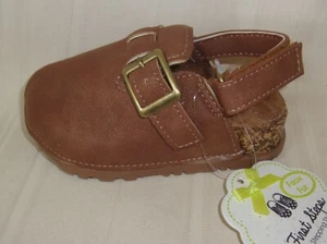 First Steps Brown Faux Leather Fur Sling Back Shoes Clogs Buckle Baby Size 4 NEW - Picture 1 of 8