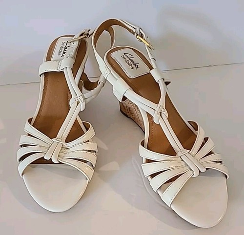 Sandali Clarks punta aperta zeppa tacco donna 9M pieghevoli pelle bianca cinturino a T