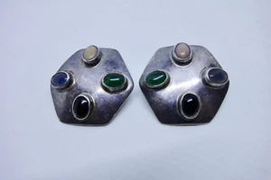 VINTAGE MEXICO TAXCO HEXAGON SHAPED MULTI-STONE CLIP EARRINGS 925 SILVER - Picture 1 of 5