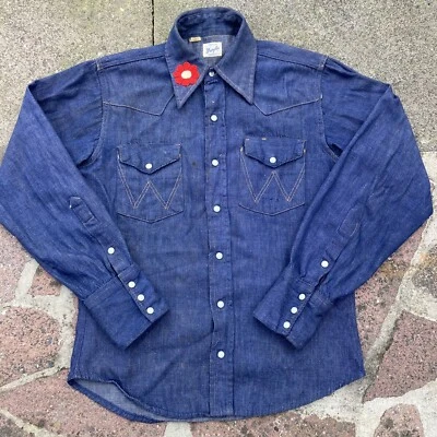 Camisa a Presión Vintage Wrangler Denim Perla Años 70 Bordada Camisa Sanforizada Pequeña Foto 1 de 4