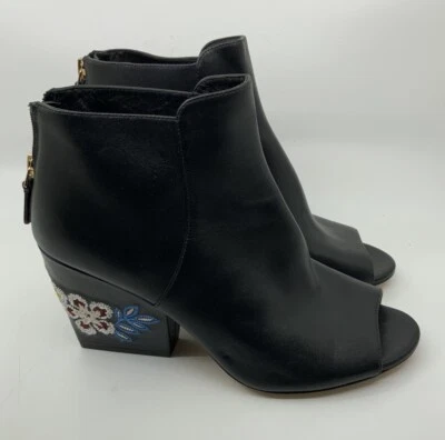 Tory Burch NEW Black Leather Open Toe Bootie Floral Embroidered Heel Size 8.5 M - Image 1 of 4