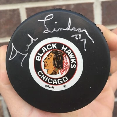 Тед Линдсей No7 с АВТОГРАФОМ ПОДПИСЬ Chicago Blackhawks ЛОГОТИП ШАЙБА АВТОГРАФ - Изображение 1 из 2