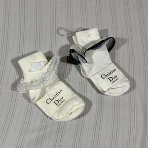 Rare NOS Vintage Christian Dior Kids Socks Size 5-6 Ruffles 90s White Cream U1 - Picture 1 of 9