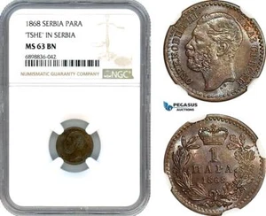 AK111, Serbia, M. Obrenovic III, 1 Para 1868, TSHE In Serbia, NGC MS63BN - Picture 1 of 1